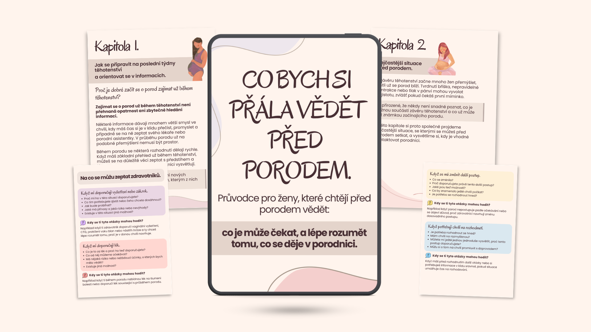 Mockup digitálního průvodce Co bych si přála vědět před porodem – kniha, tablety a ukázky kapitol